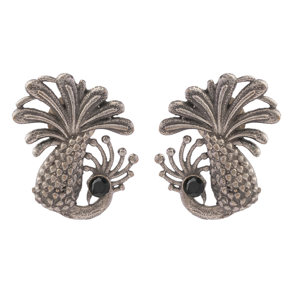Ananasika- Silver Brass Stone-Studded Stud Earrings(Black)