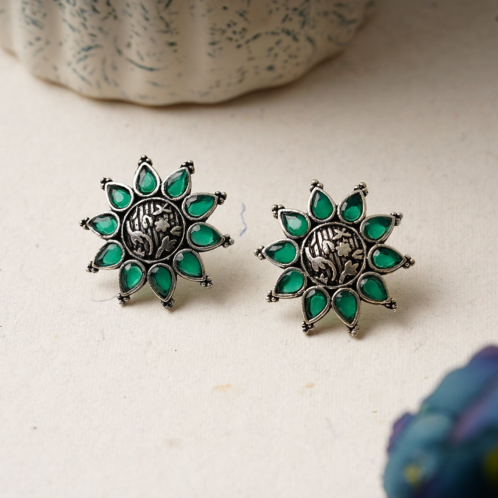 Kamala-Silver Brass Stone-Studded Stud Earrings