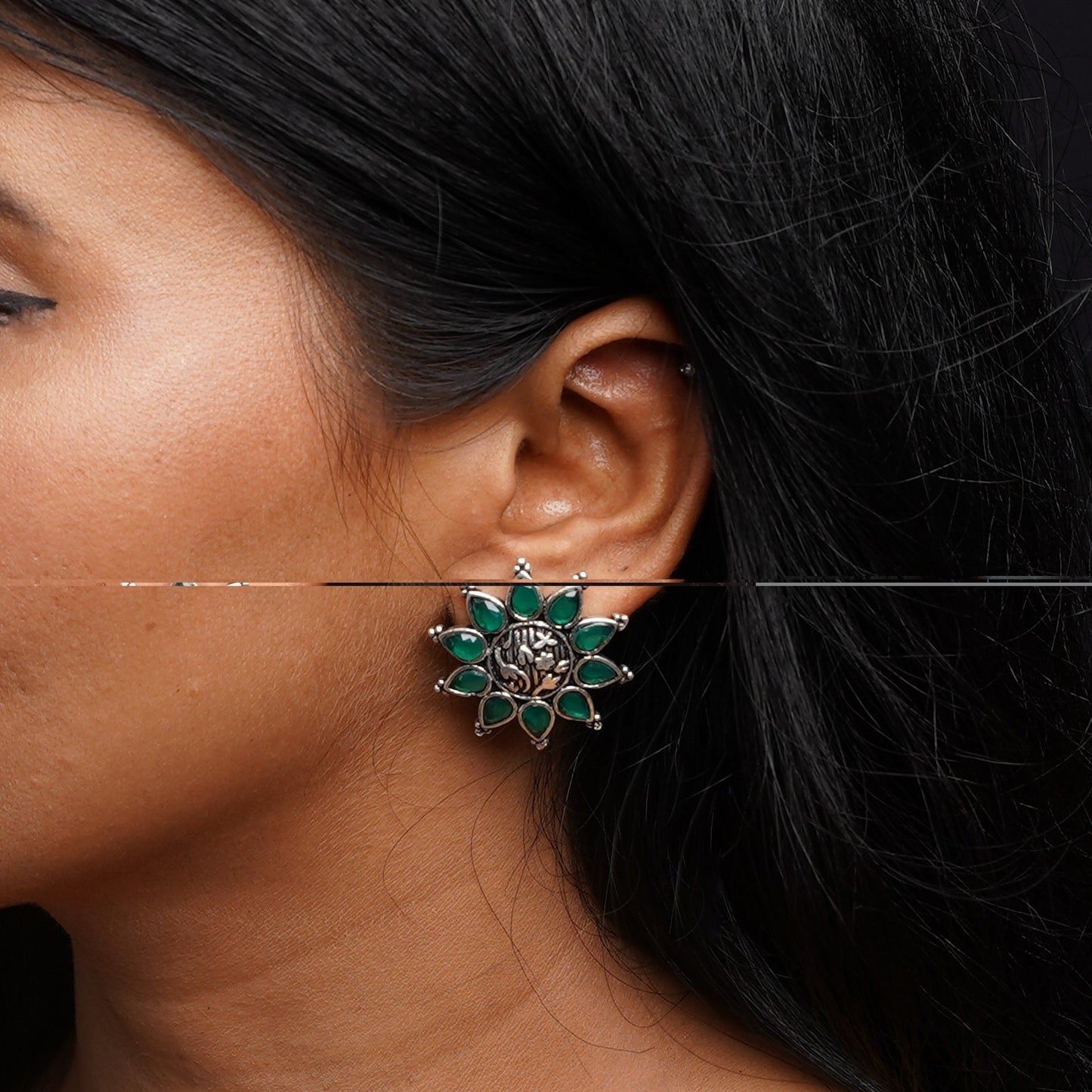 Kamala-Silver Brass Stone-Studded Stud Earrings