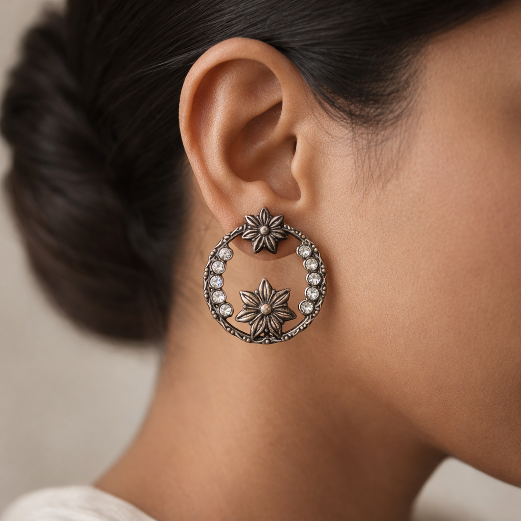 JhilmilPhool- Silver Brass Oxidised stud earrings