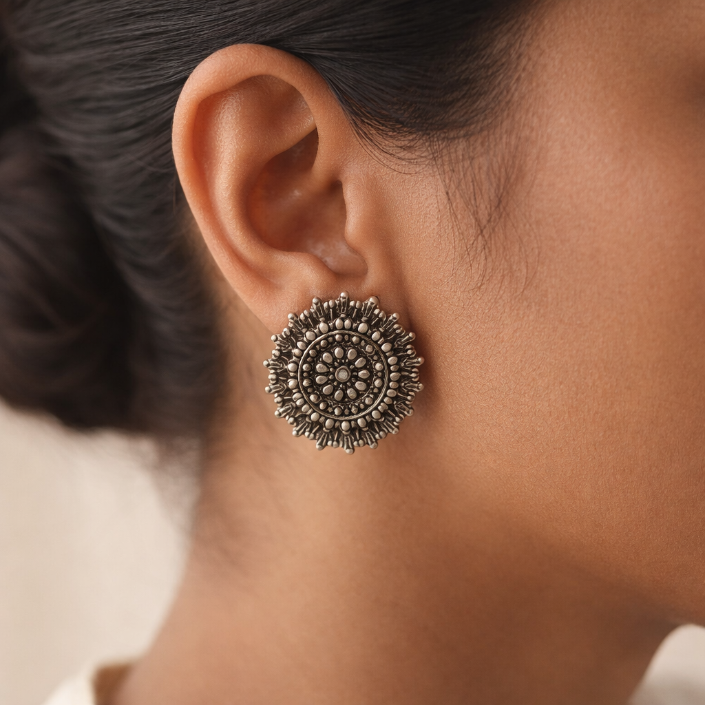 RajatPhool- Silver Brass Oxidised Stud Earrings