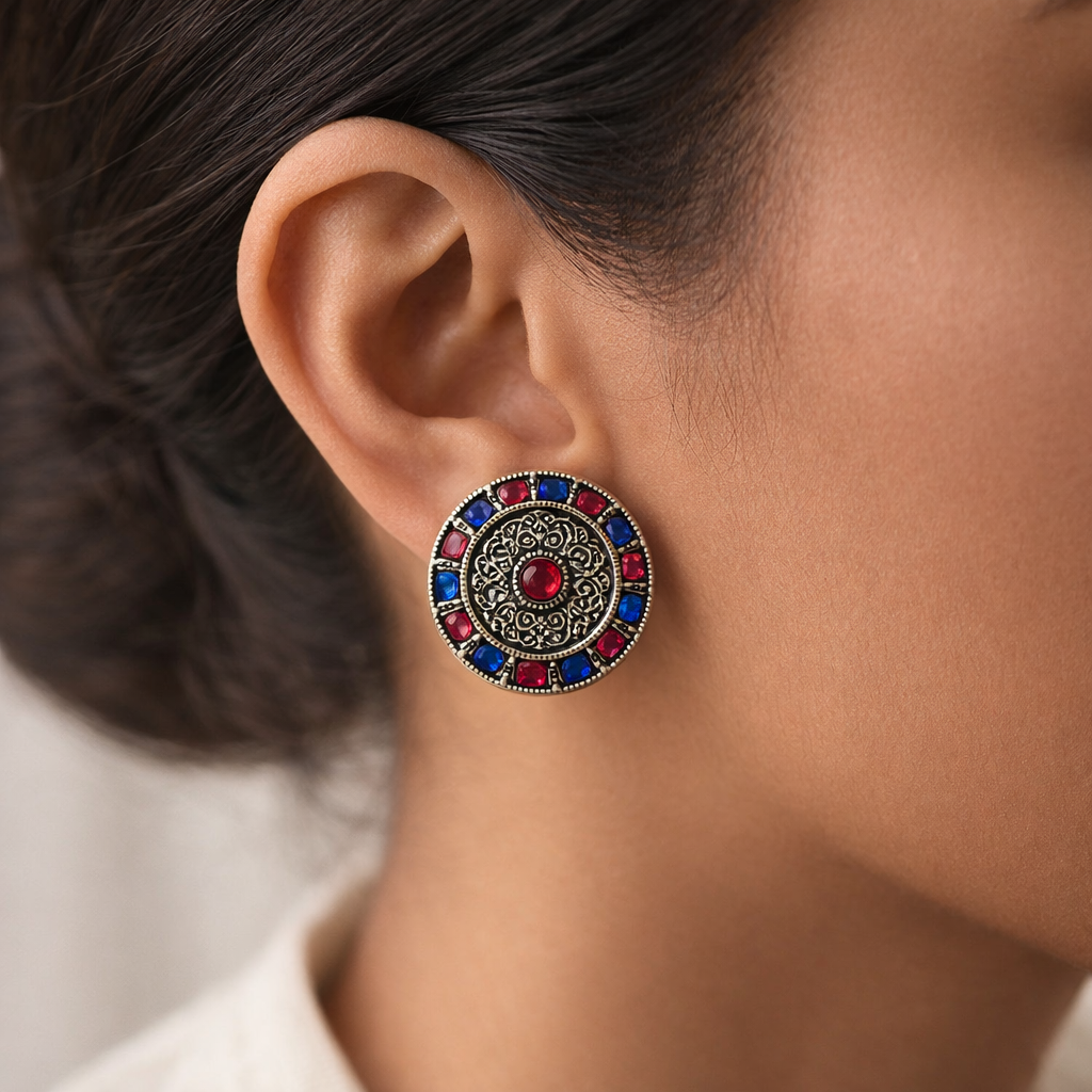 Rangini- Silver Brass Stone-Studded Stud Earrings