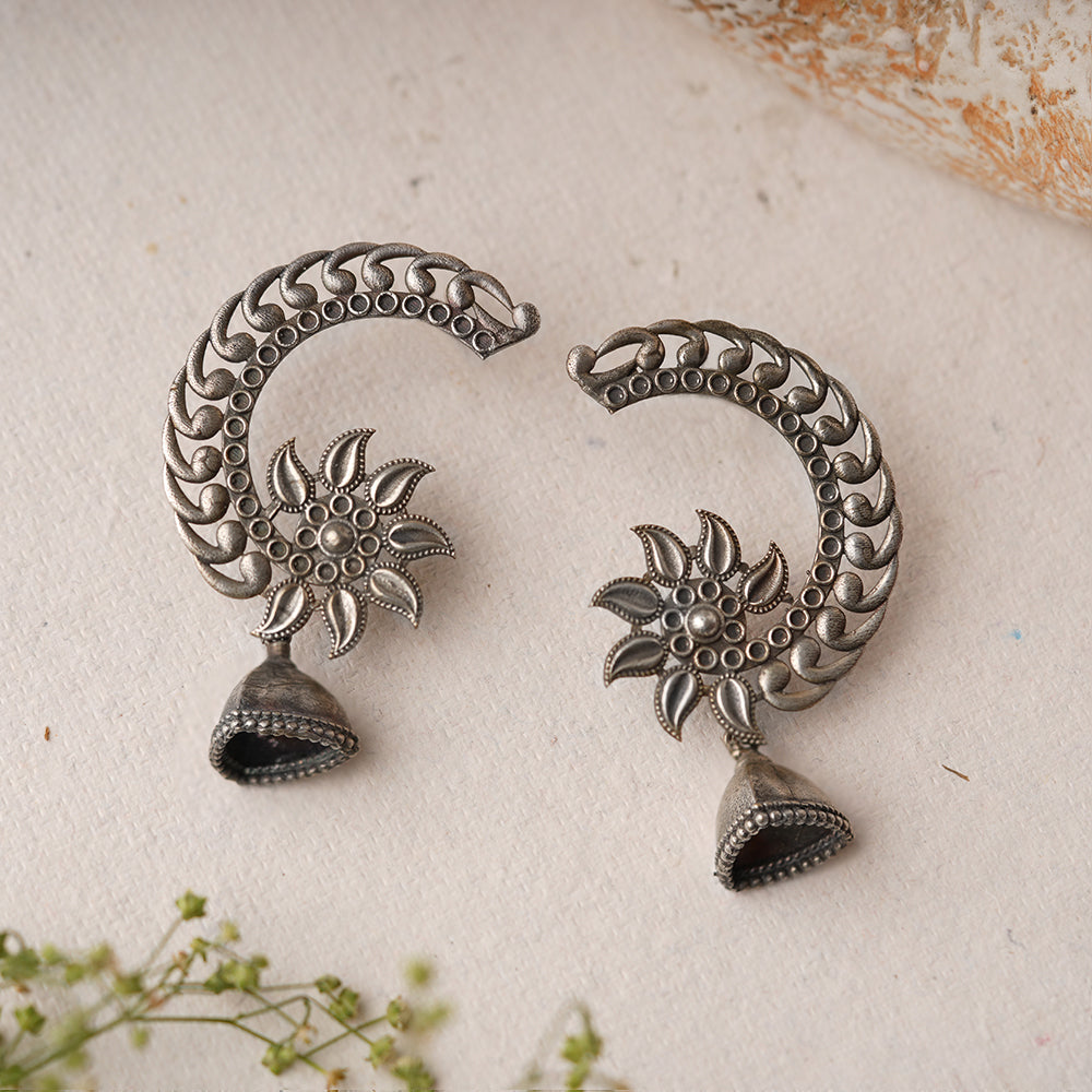 Chandphool- Silver Brass Oxidised Jhumka Earrings
