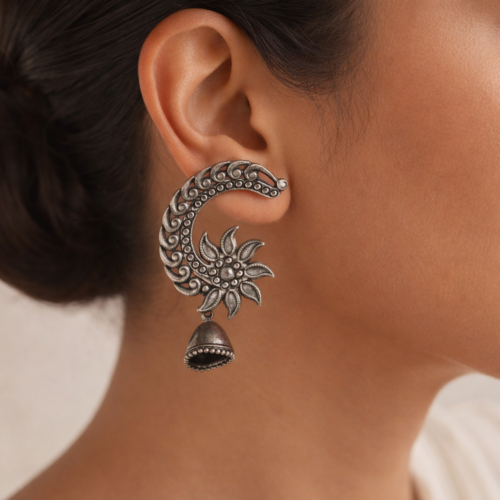 Chandphool- Silver Brass Oxidised Jhumka Earrings