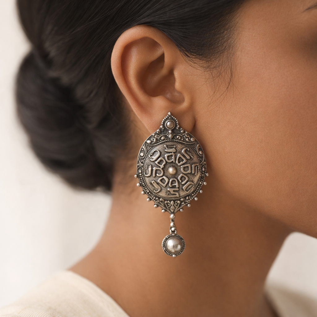 Abhiraama- Silver Brass oxidised dangler earrings