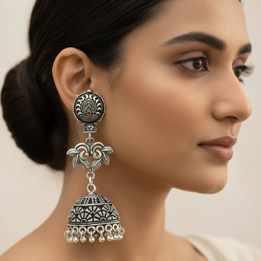 Pallavi- Silver Brass Oxidised Jhumka Earrings