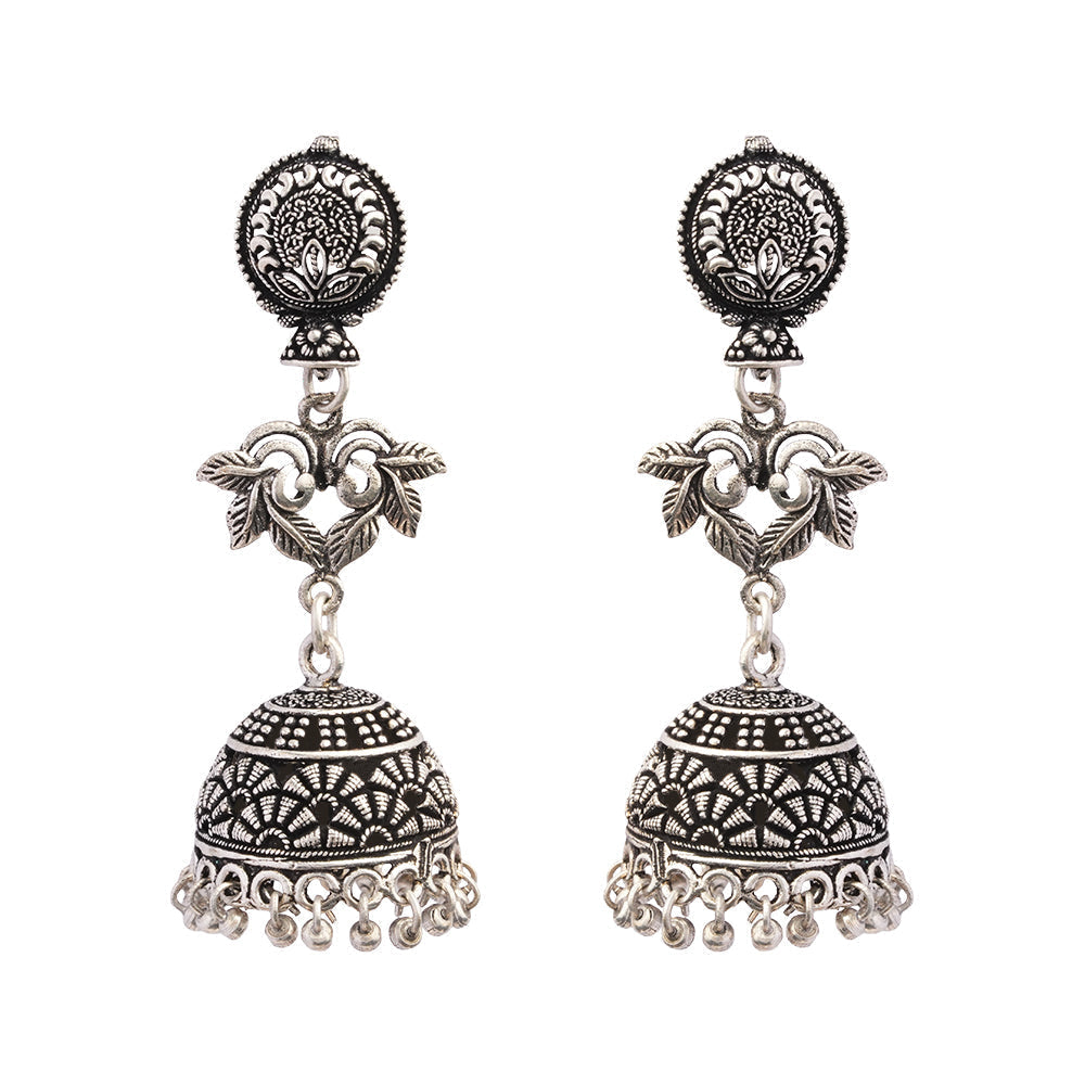 Pallavi- Silver Brass Oxidised Jhumka Earrings