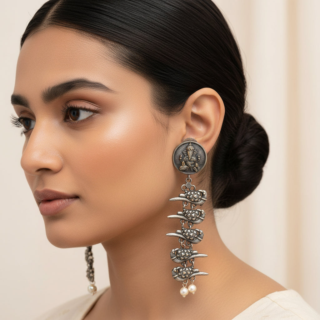 Vinayaka- Silver Brass Pearl dangler earrings