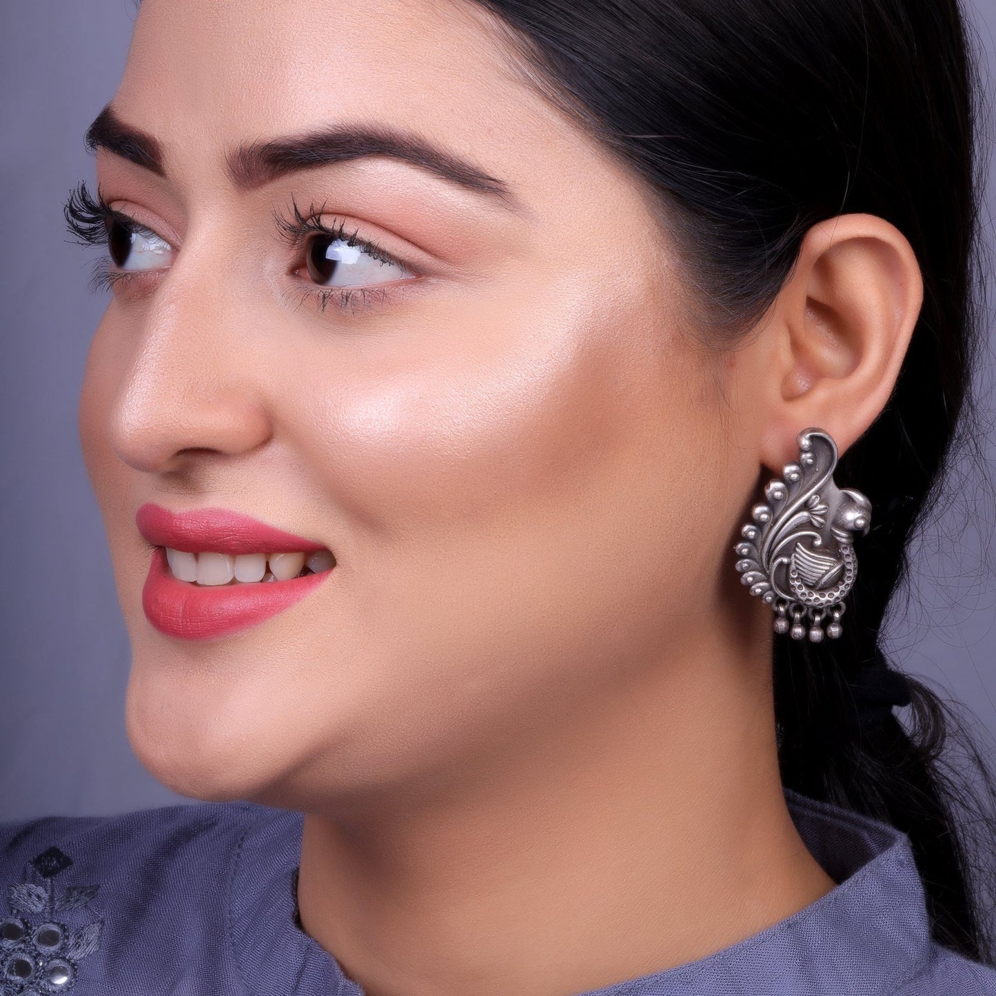 MayurMani- Silver Brass Oxidised Stud Earrings