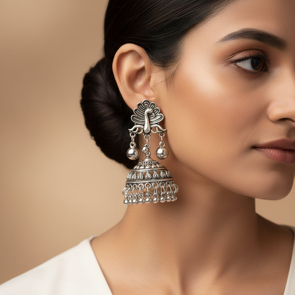Mayurakshi- Silver Brass Oxidised Jhumka Earrings