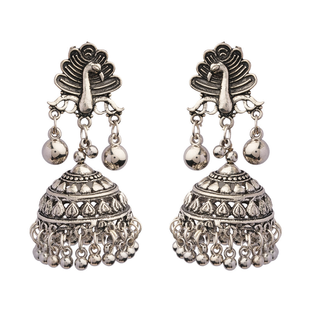 Mayurakshi- Silver Brass Oxidised Jhumka Earrings