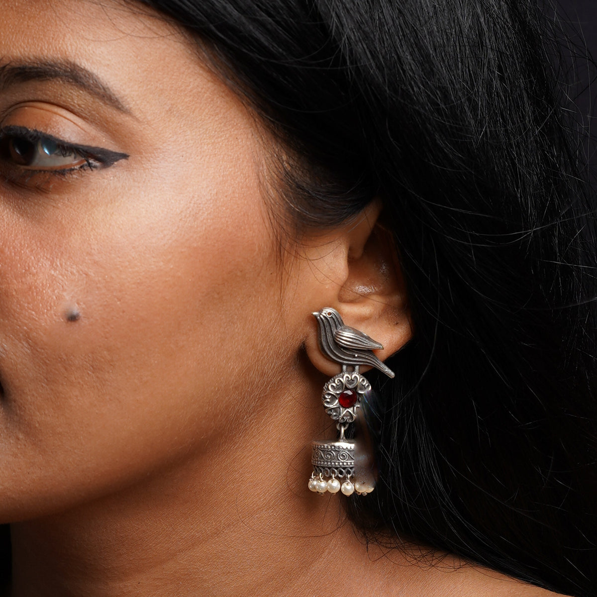 Chakori- Silver Brass Oxidised Jhumka Earrings(Red)