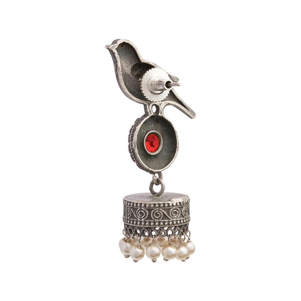 Chakori- Silver Brass Oxidised Jhumka Earrings(Red)