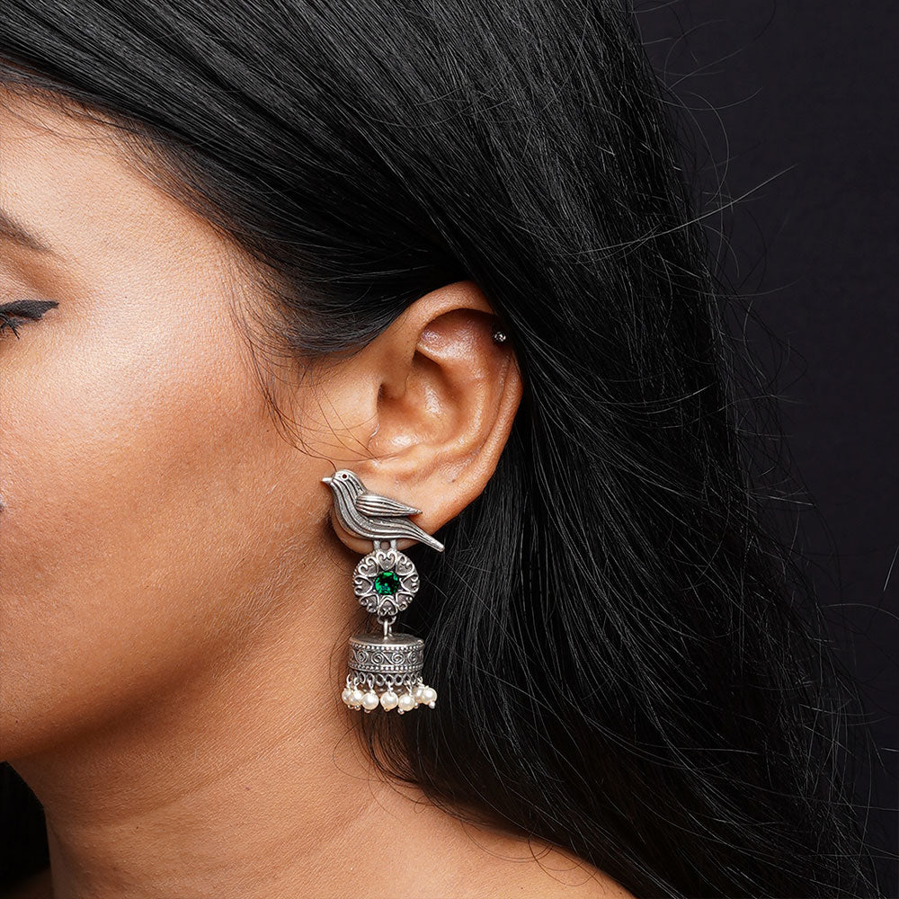 Chakori- Silver Brass Oxidised Jhumka Earrings( Green)