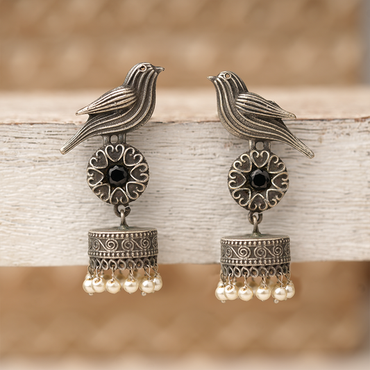Chakori- Silver Brass Oxidised Jhumka Earrings(Black)