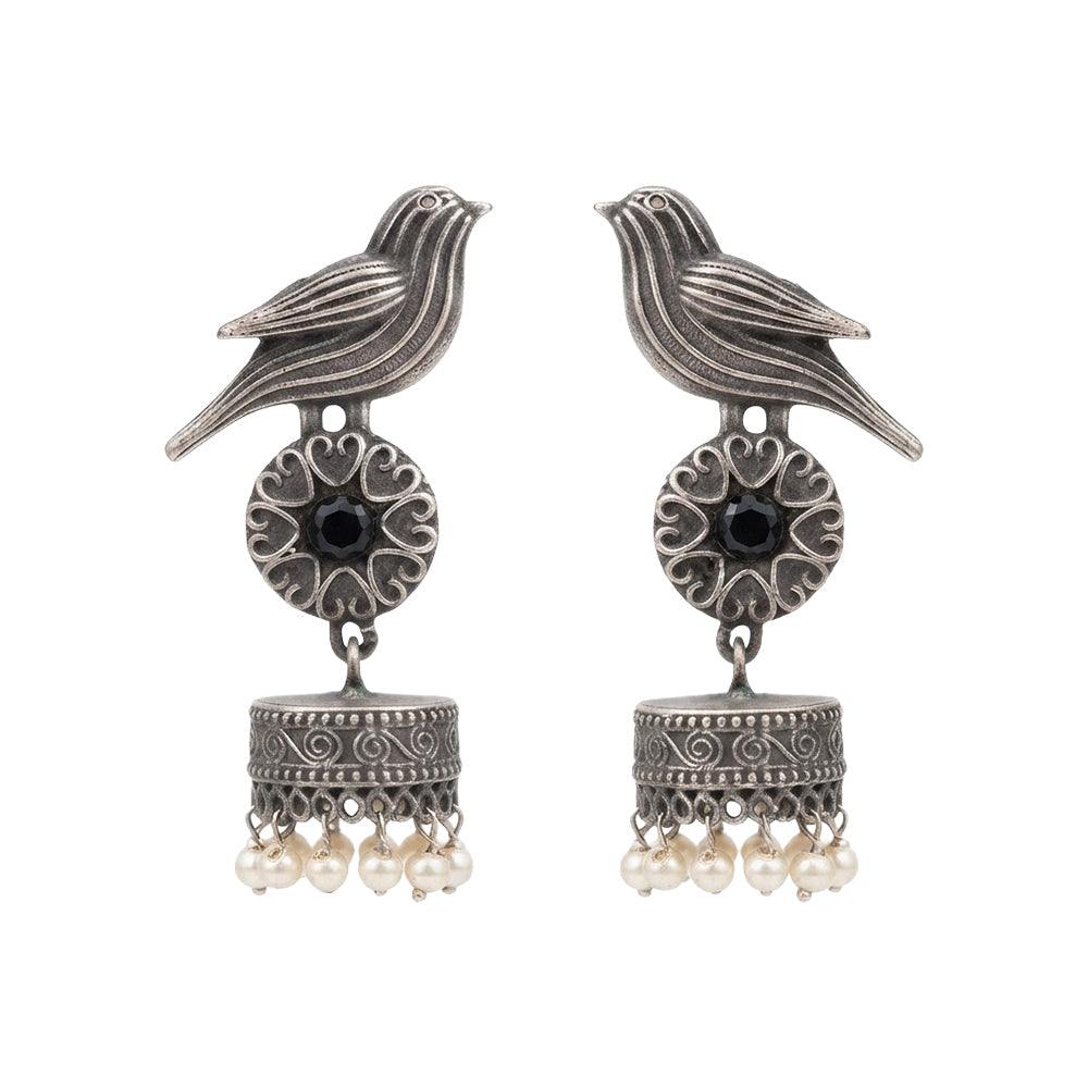 Chakori- Silver Brass Oxidised Jhumka Earrings(Black)
