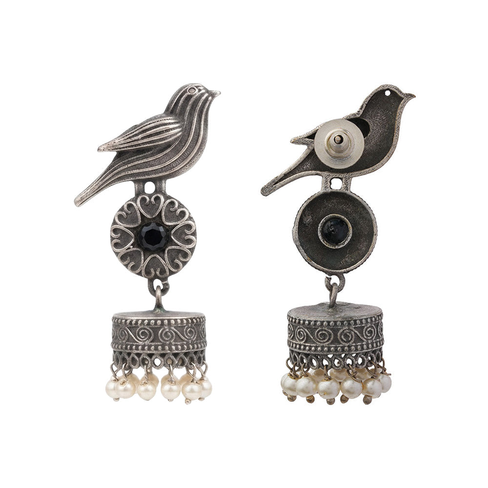 Chakori- Silver Brass Oxidised Jhumka Earrings(Black)