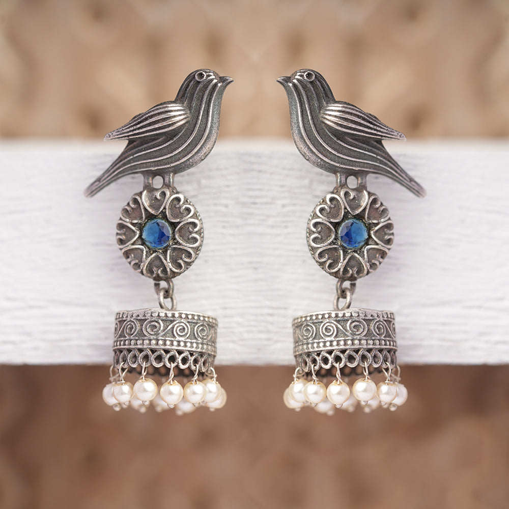 Chakori- Silver Brass Oxidised Jhumka Earrings( Aqua Blue)