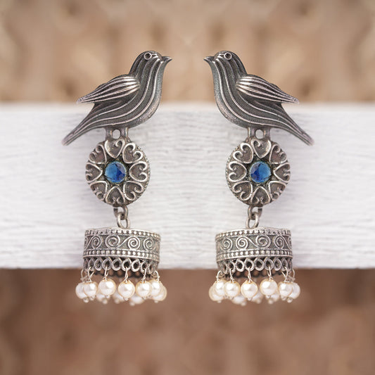 Chakori- Silver Brass Oxidised Jhumka Earrings( Aqua Blue)