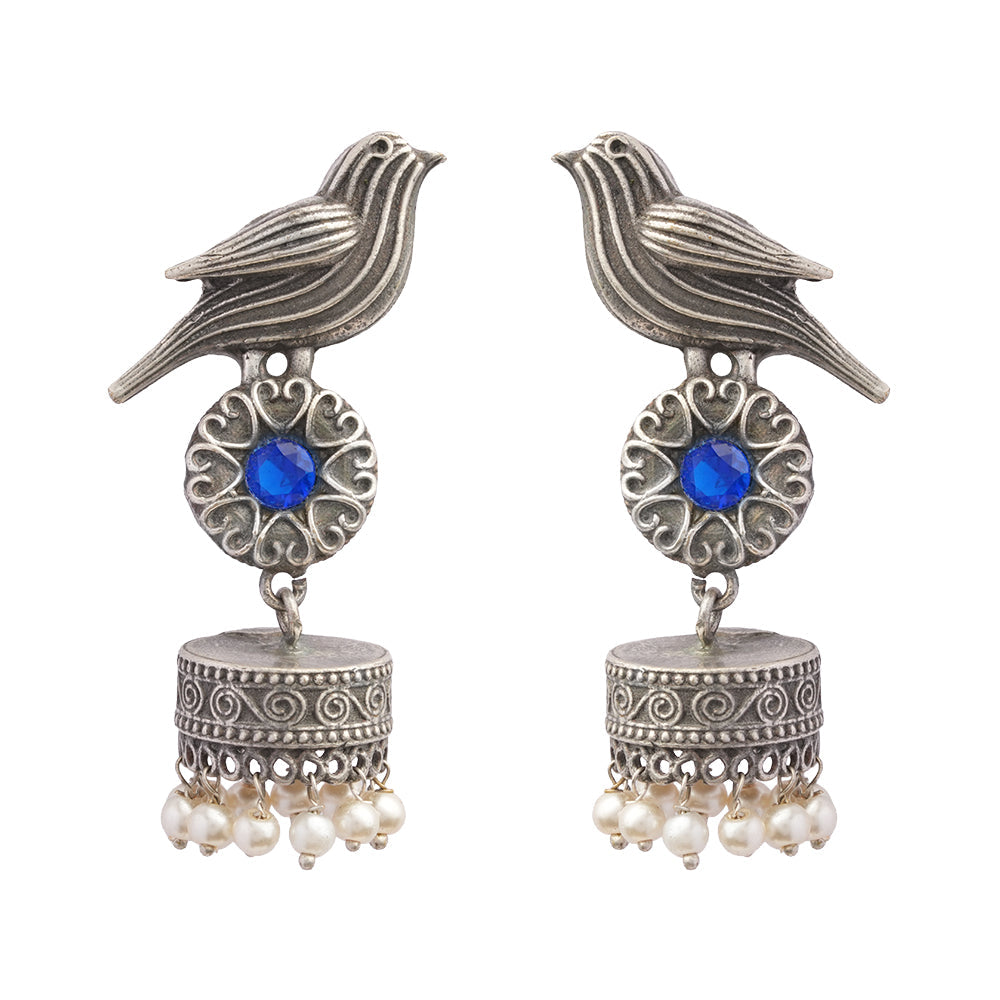 Chakori- Silver Brass Oxidised Jhumka Earrings( Aqua Blue)