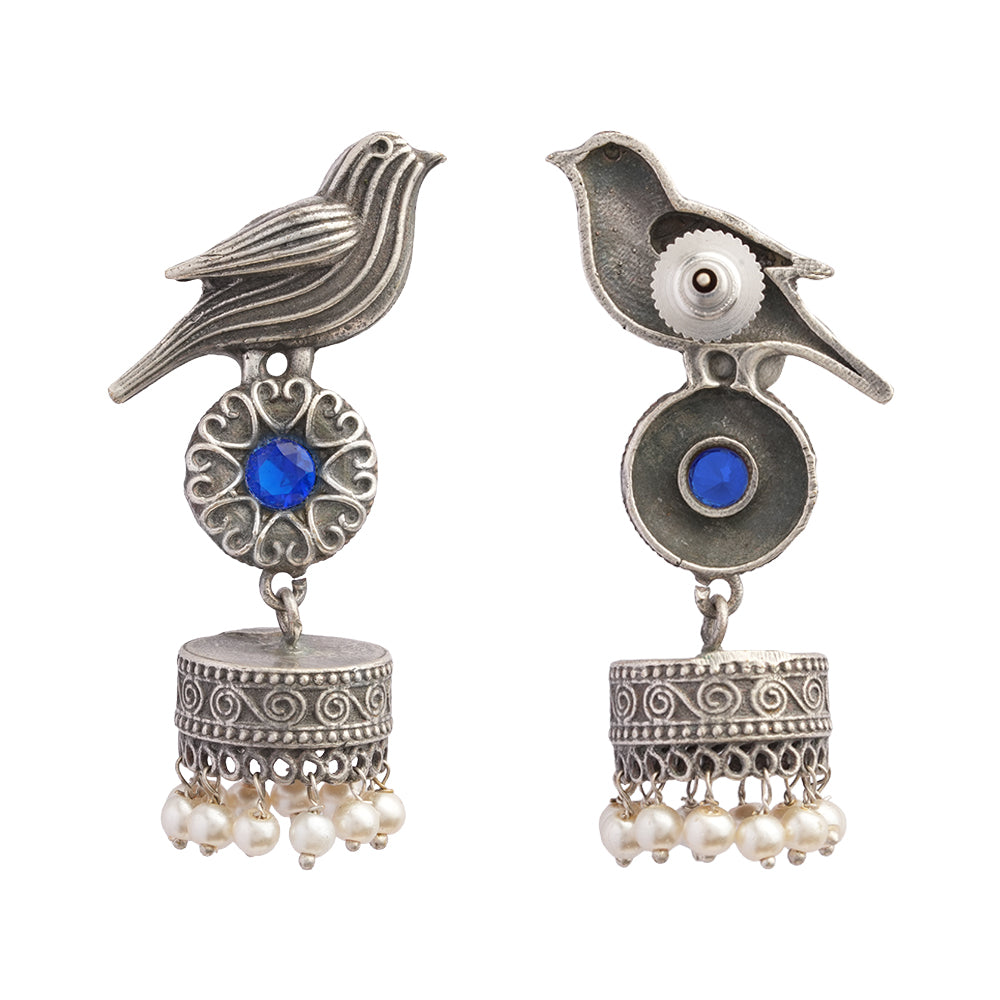 Chakori- Silver Brass Oxidised Jhumka Earrings( Aqua Blue)