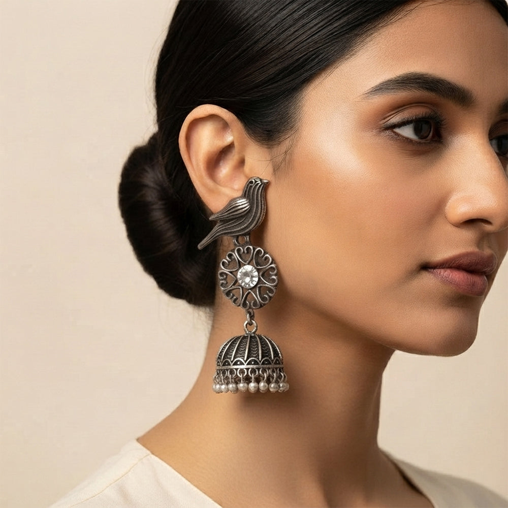 Chakori- Silver Brass Oxidised Jhumka Earrings(White)