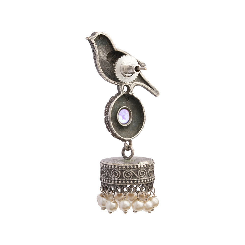 Chakori- Silver Brass Oxidised Jhumka Earrings(Baby Pink)