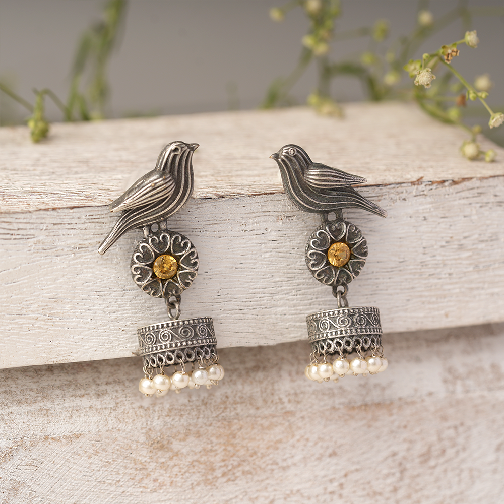 Chakori- Silver Brass Oxidised Jhumka Earrings(Yellow)