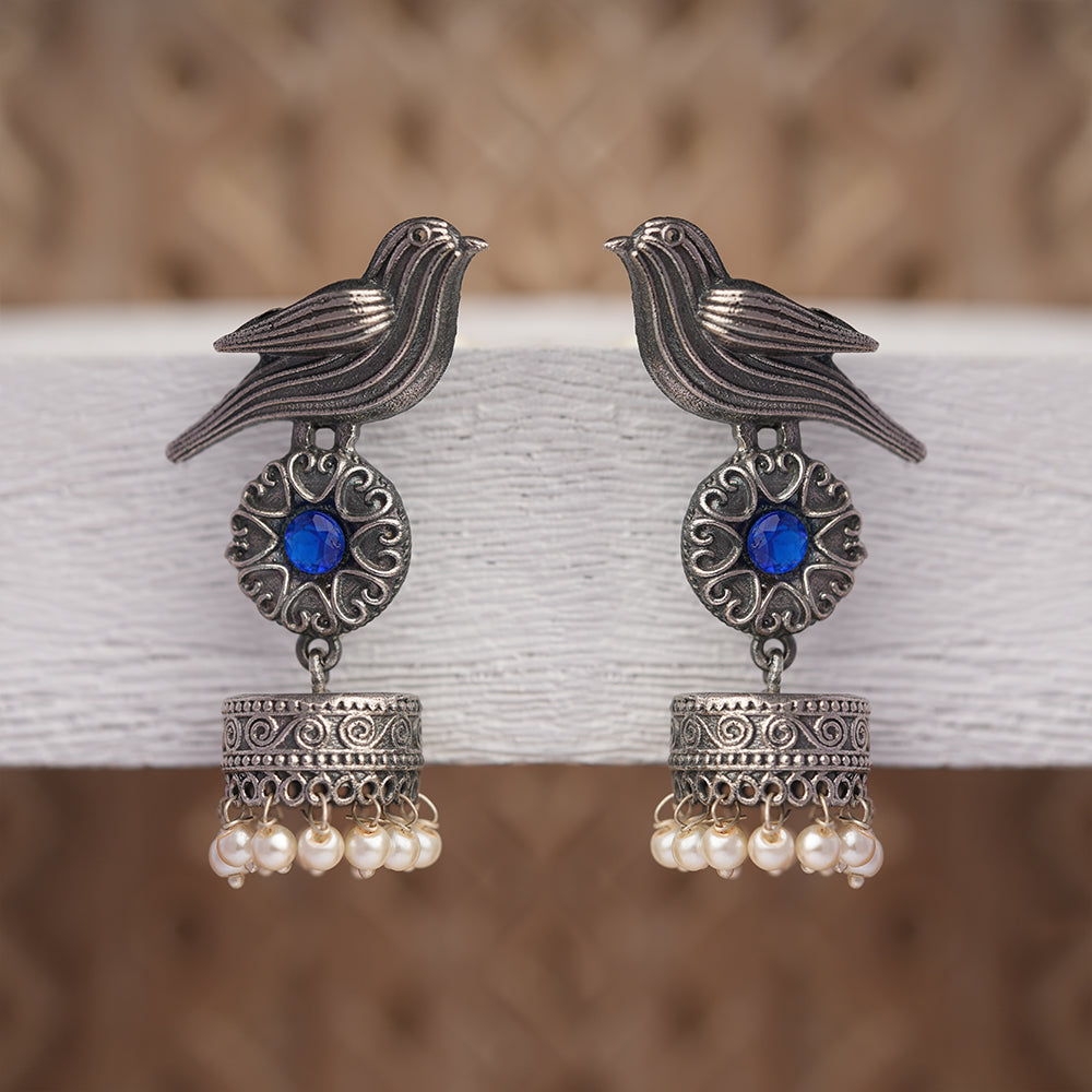 Chakori- Silver Brass Oxidised Jhumka Earrings( Blue)