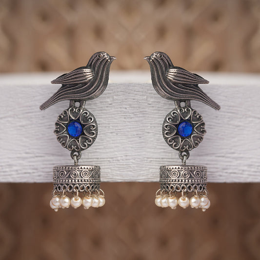 Chakori- Silver Brass Oxidised Jhumka Earrings( Blue)