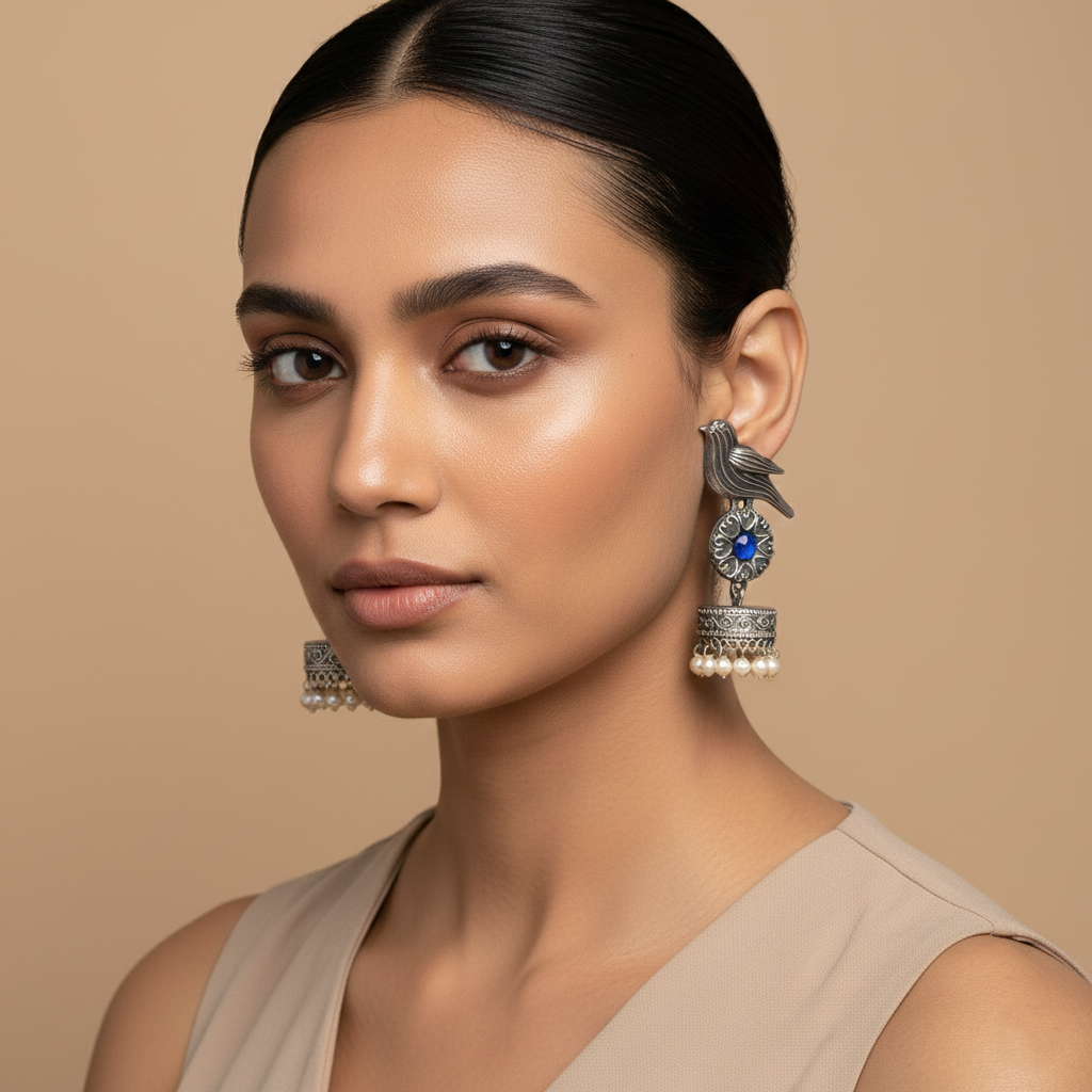Chakori- Silver Brass Oxidised Jhumka Earrings( Blue)