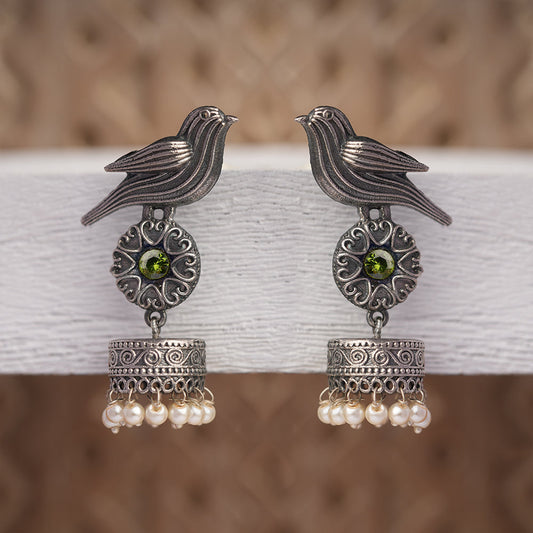 Chakori- Silver Brass Oxidised Jhumka Earrings(Parrot Green)