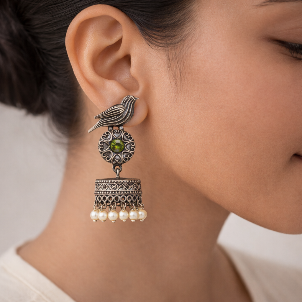 Chakori- Silver Brass Oxidised Jhumka Earrings(Parrot Green)