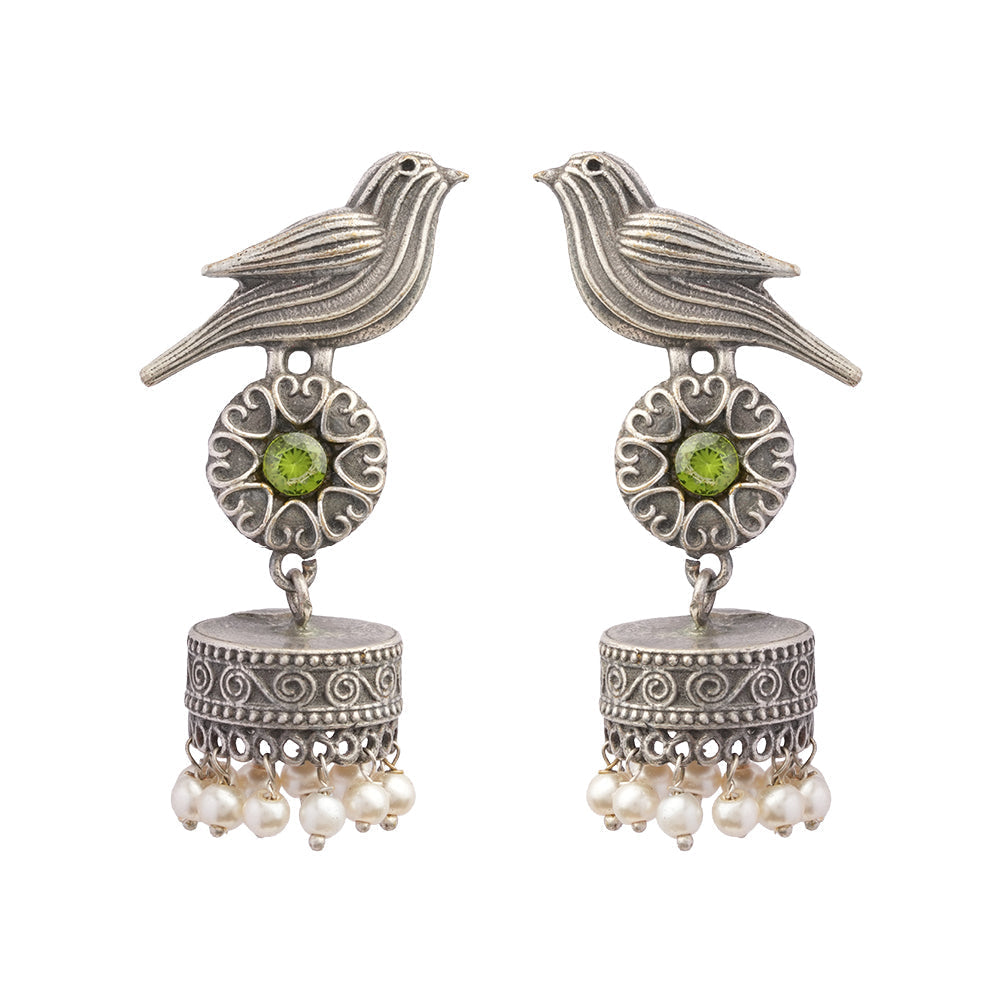 Chakori- Silver Brass Oxidised Jhumka Earrings(Parrot Green)