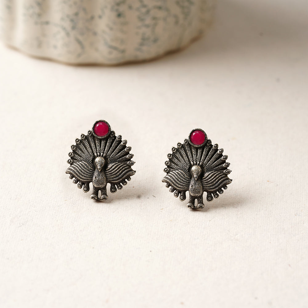 Pakshi- Silver oxidised Stone-Studded stud earrings