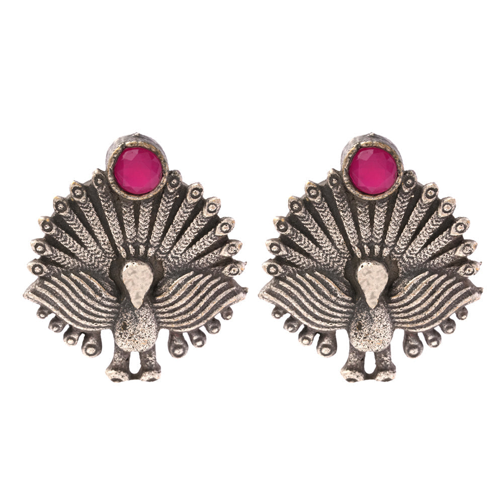 Pakshi- Silver oxidised Stone-Studded stud earrings