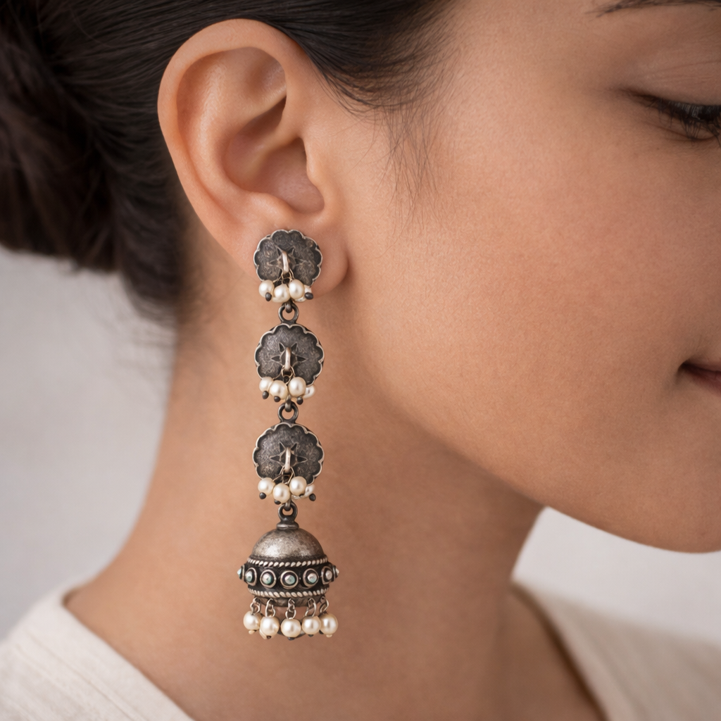 Pushprekha- Silver Brass Oxidisd dangler earrings
