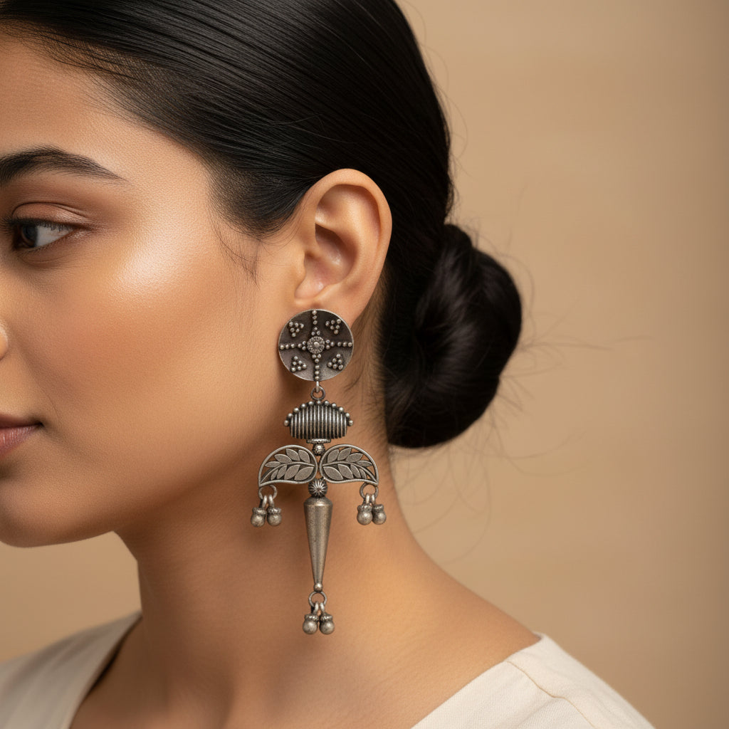 Patrapank- Silver Brass Oxidised dangler earrings