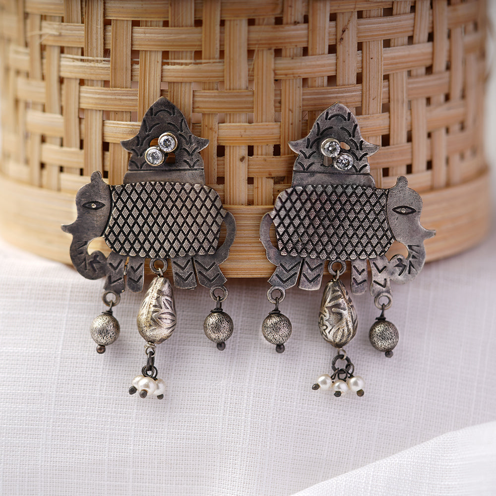 Gajmukhi- Silver Brass Pearl dangler earrings