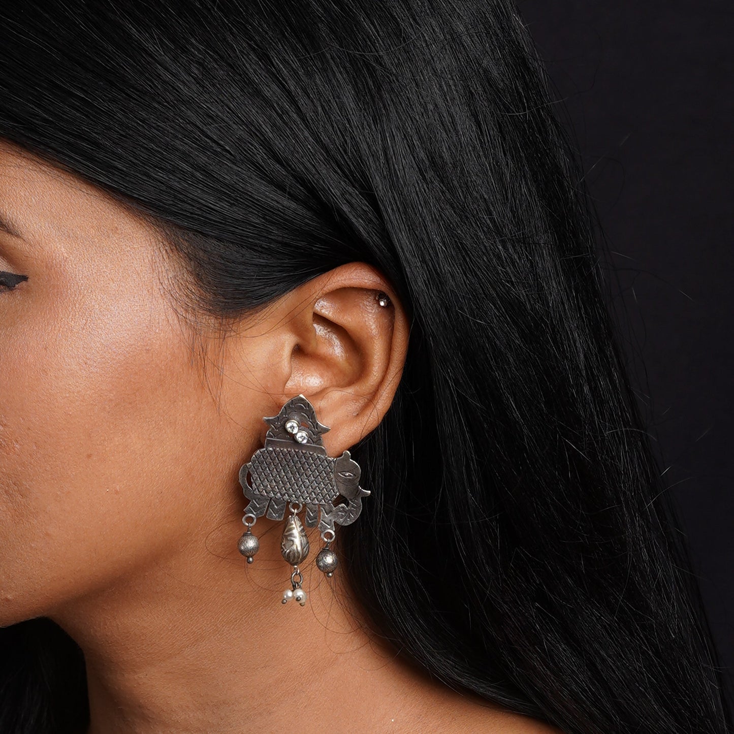Gajmukhi- Silver Brass Pearl dangler earrings