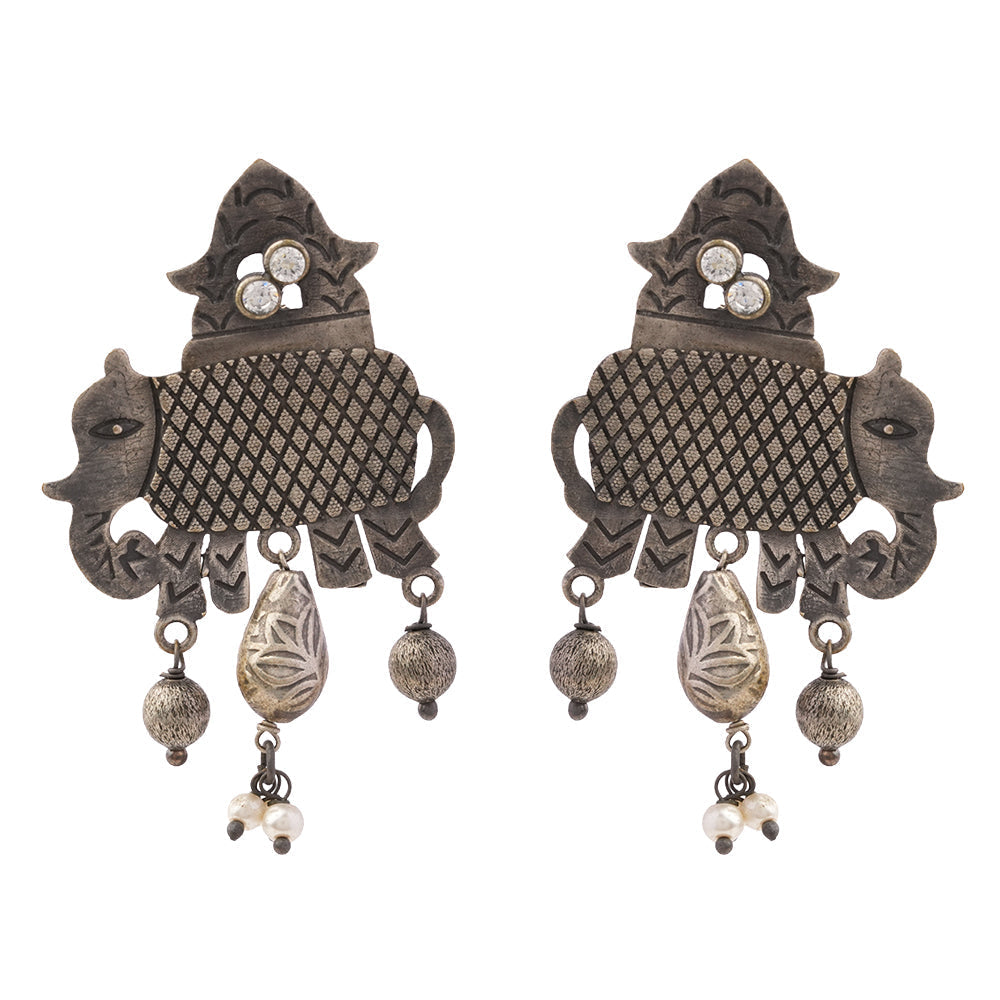Gajmukhi- Silver Brass Pearl dangler earrings