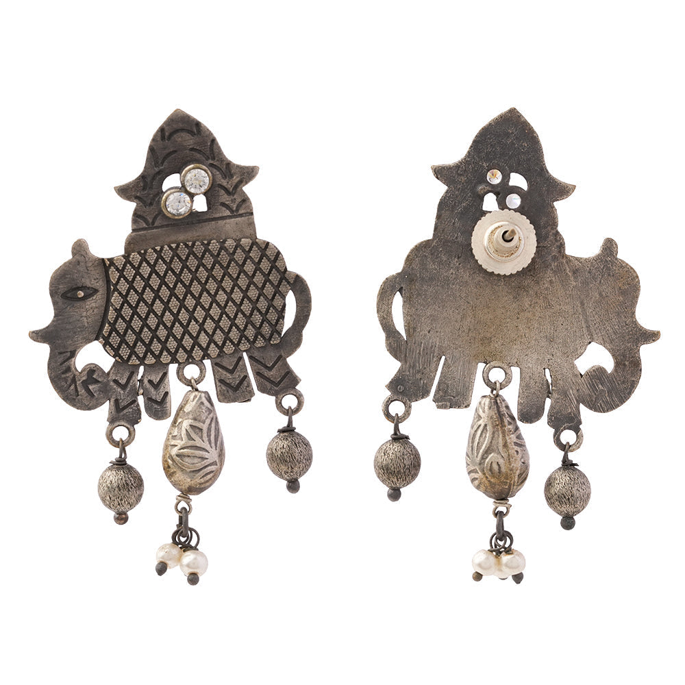 Gajmukhi- Silver Brass Pearl dangler earrings