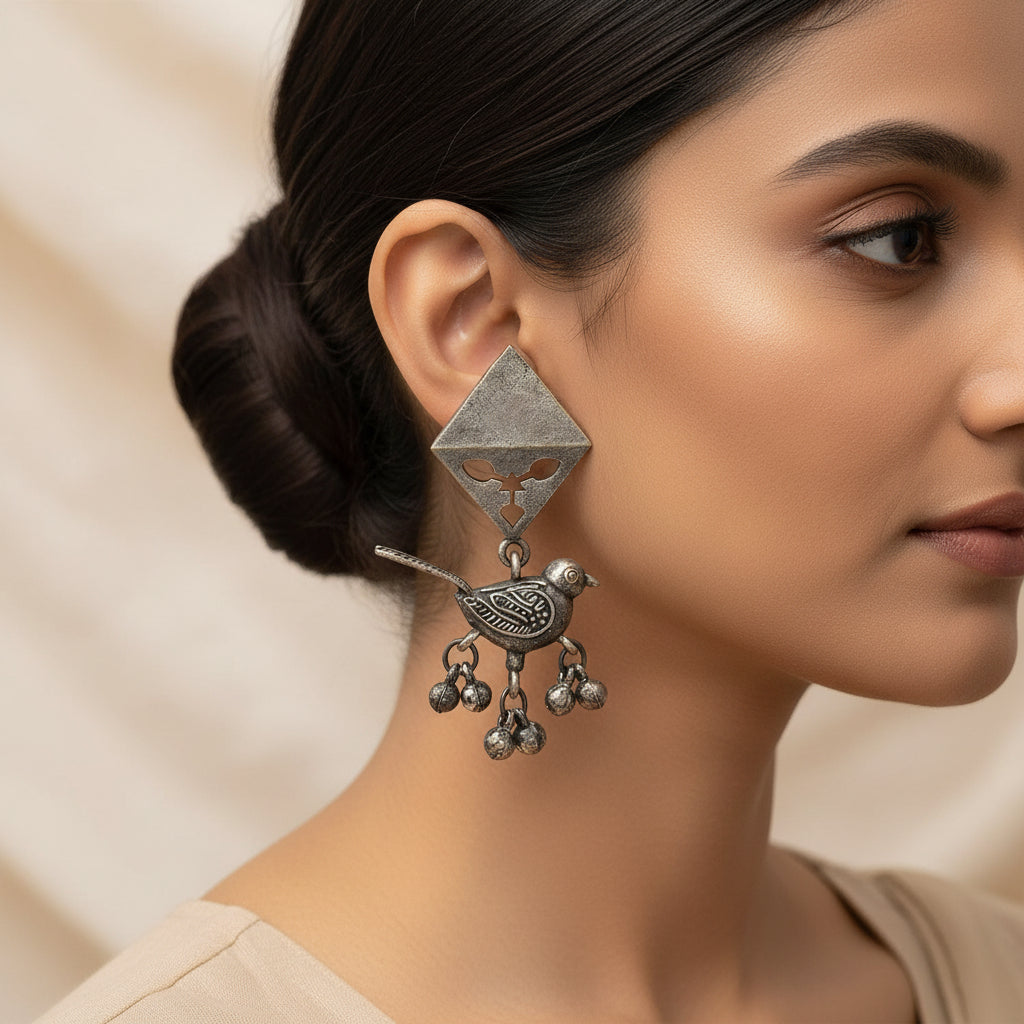 Maina- Silver Brass ghunghroo dangler earrings