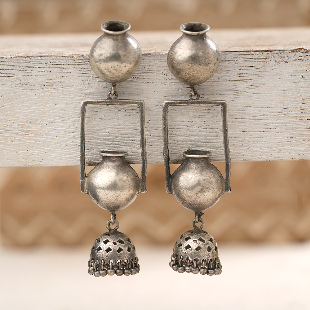 Mridghat- Silver Brass Oxidised Jhumka Earrings