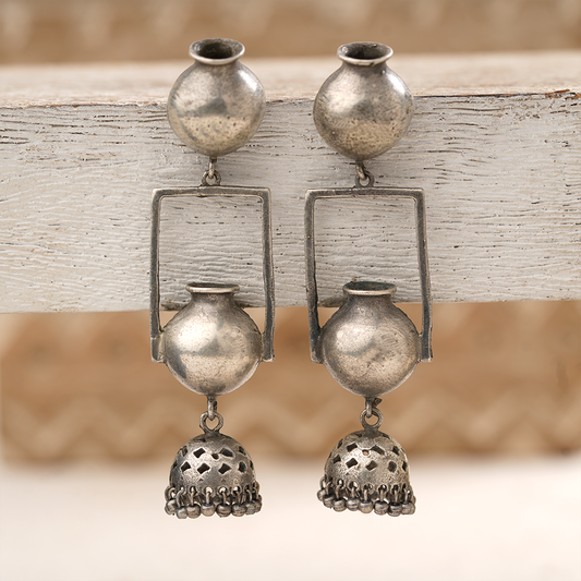 Mridghat- Silver Brass Oxidised Jhumka Earrings