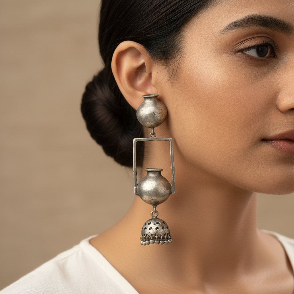 Mridghat- Silver Brass Oxidised Jhumka Earrings