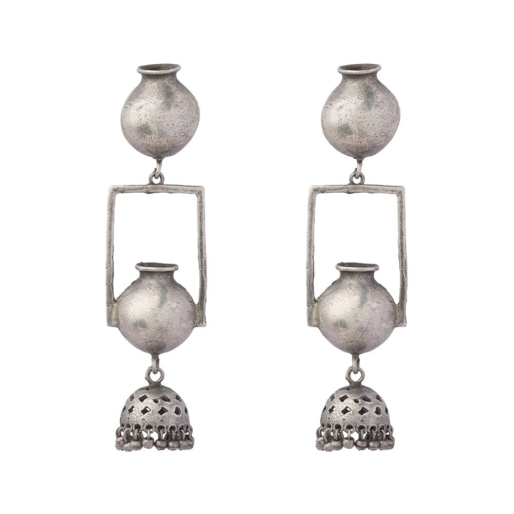 Mridghat- Silver Brass Oxidised Jhumka Earrings