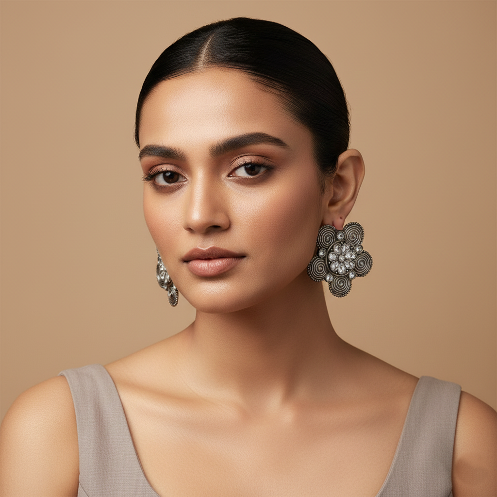 Padmavalli- Silver Brass Oxidised dangler earrings(White)