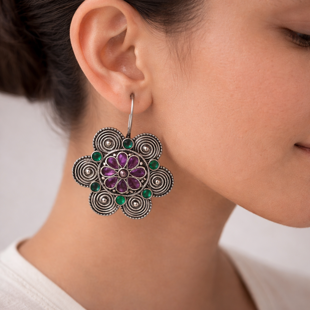 Padmavalli- Silver Brass Oxidised dangler earrings(Multicolored)