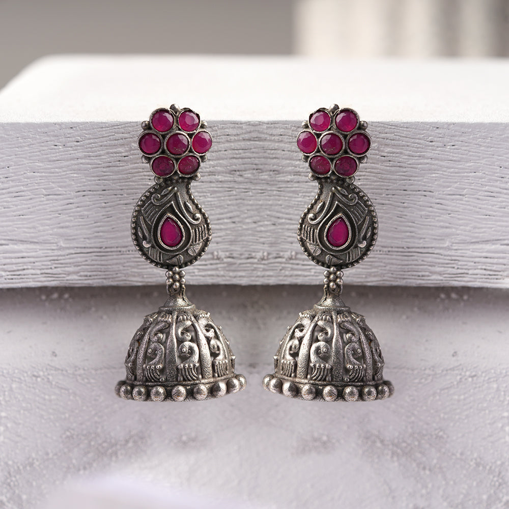 Kamini- Silver Brass Oxidised Jhumka earrings